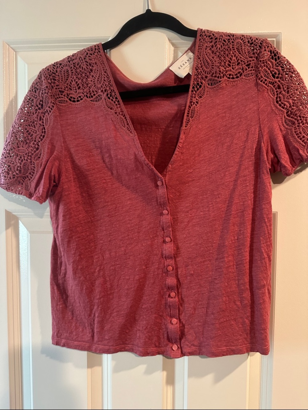 Sezane Lace-Shoulder Button-Front Top - Dusty Rose